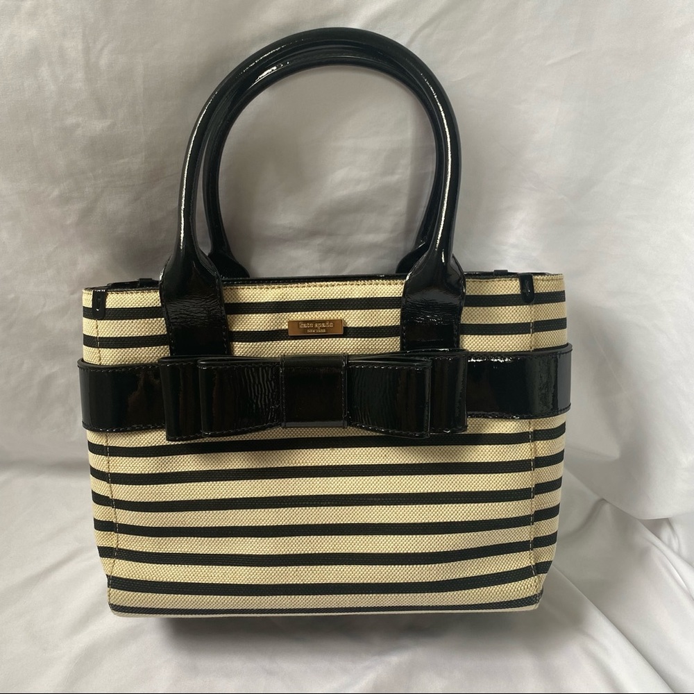 Kate spade black and white stripe bow top handle bag